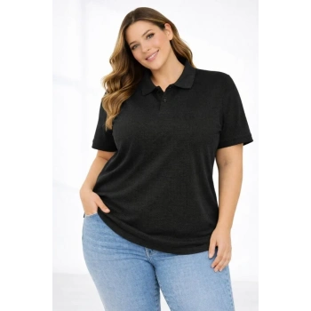 MARSiLYAN- Pike Kumaş Düğmeli Yaka Battal Büyük Beden Günlük Kısa Kol Tişört T-shirt - Siyah