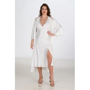 MARSiLYAN-  Premium Büyük Beden Saten Dantel İşlemeli Ekru Uzun Yırtmaçlı 2li Gecelik Sabahlık Takımı Bigsize