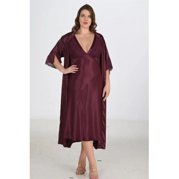 MARSiLYAN-  Premium Büyük Beden Saten Dantel İşlemeli Mürdüm Uzun 2li Gecelik Sabahlık Takımı Bigsize