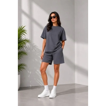 MARSiLYAN- Premium Osy Modal Yumuşak Dokulu Tişört Cepli Şort Alt Üst Takım - Füme