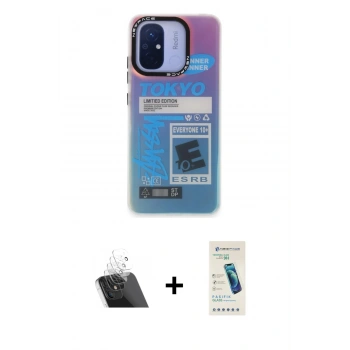 MARSİLYAN™- Redmi 12C Kılıf Siluet Çizgi Koleksiyonu - Şeffaf Pasifik Cam Ekran Koruyucu + Kamera Lens Koruma Cam - SF