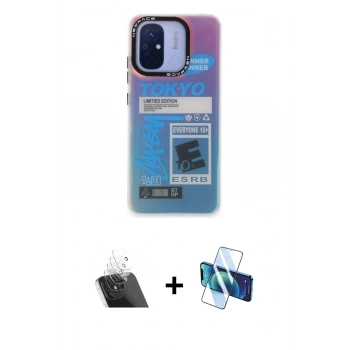 MARSİLYAN™- Redmi 12C Kılıf Siluet Çizgi Koleksiyonu - Siyah 3D Antistatik Cam Ekran Koruyucu + Kamera Lens Koruma Cam - SF