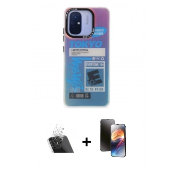 MARSİLYAN™- Redmi 12C Kılıf Siluet Çizgi Koleksiyonu - Siyah 3D Antistatik Mat Seramik Nano Ekran Koruyucu + Kamera Lens Koruma Cam - SF
