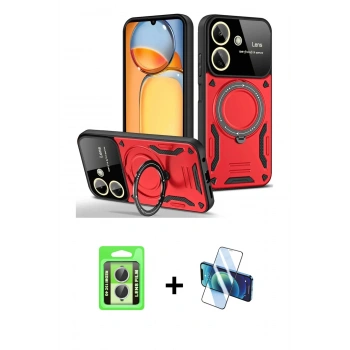 MARSİLYAN™- Redmi 13C Kılıf Kıvılcım Modern Serisi - Siyah 3D Antistatik Seramik Nano Ekran Koruyucu + Raze Metal Kamera Lens - GS