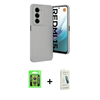 MARSİLYAN™- Redmi 15 4G Kılıf Eksen Form Prime - Şeffaf Pasifik Cam Ekran Koruyucu + Raze Metal Kamera Lens - GS