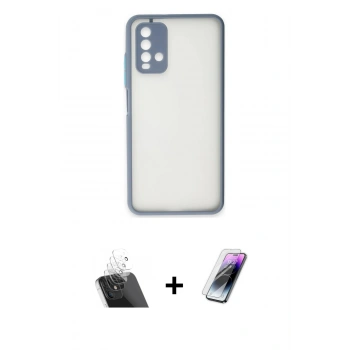 MARSİLYAN™- Redmi 9T Kılıf Ahenk Çizgi Serisi - Şeffaf Pasifik Cam Ekran Koruyucu + Kamera Lens Koruma Cam - SF