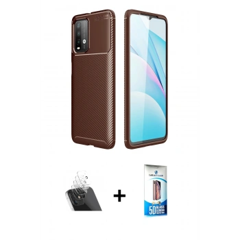 MARSİLYAN™- Redmi 9T Kılıf Eksen Form Prime - Siyah 5D Eko Cam Ekran Koruyucu + Kamera Lens Koruma Cam - SF