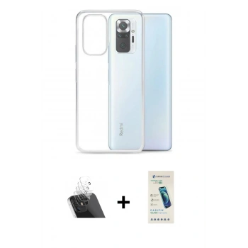 MARSİLYAN™- Redmi Note 10 Kılıf Zirve Doku - Şeffaf Pasifik Cam Ekran Koruyucu + Kamera Lens Koruma Cam - SF