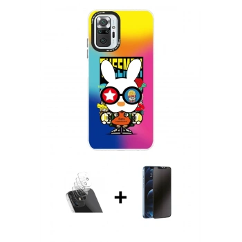 MARSİLYAN™- Redmi Note 10 Pro Kılıf Siluet Çizgi Koleksiyonu - Siyah 3D Antistatik Hayalet Cam Ekran Koruyucu + Kamera Lens Koruma Cam - SF