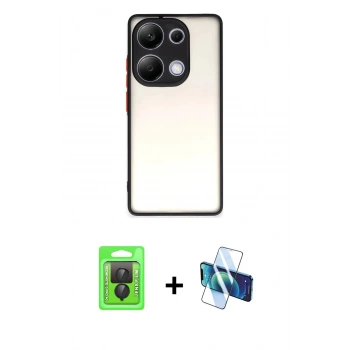 MARSİLYAN™- Redmi Note 13 Pro 4G Kılıf Ahenk Çizgi Serisi - Siyah 3D Antistatik Cam Ekran Koruyucu + Raze Metal Kamera Lens - SH