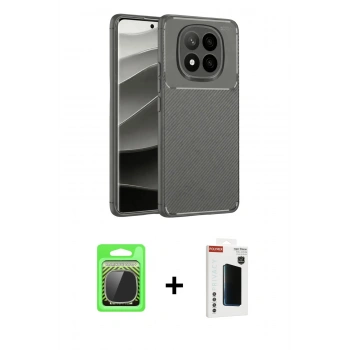 MARSİLYAN™- Redmi Note 14 Pro Plus Kılıf Eksen Form Prime - Siyah Hayalet Polymer Nano Ekran Koruyucu + Raze Metal Kamera Lens - GS