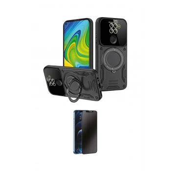 MARSİLYAN™- Redmi Note 9 Kılıf Kıvılcım Modern Serisi - Siyah 3D Antistatik Hayalet Cam Ekran Koruyucu
