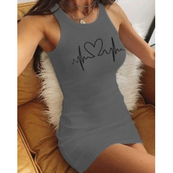 MARSiLYAN- Ritim Kalp Baskılı Sıfır Kol Kaşkorse Elbise