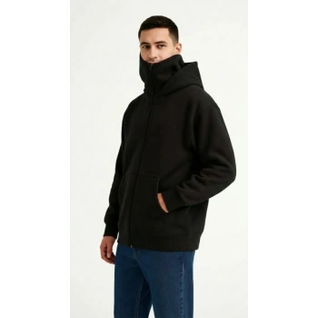 MARSiLYAN- Samuray Ninja Çift Kapüşonlu ZIP Fermuarlı Kanguru Cepli Tam Fermuarlı Hoodie Sweatshirt - Siyah