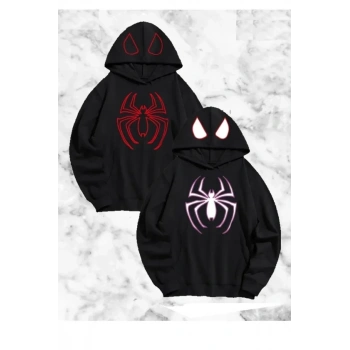 MARSiLYAN- Sevgili Çift Kombini Örümcek Baskılı Kapüşonlu Sweatshirt Hoodie - Siyah