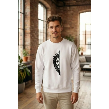 MARSiLYAN- Sevgililer Günü Özel Bisiklet Yaka Aslan Baskılı Oversize Sweatshirt - Beyaz