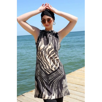 MARSiLYAN- Sıfır Kol Leopar Yarım Tesettür Mayo Siyah