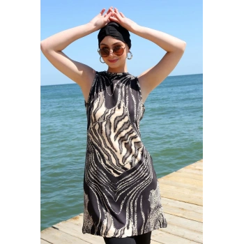 MARSiLYAN- Sıfır Kol Leopar Yarım Tesettür Mayo Siyah