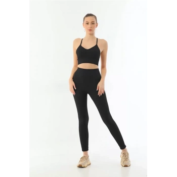MARSiLYAN- Siyah  3921 Soft Seamless Ripli Tayt Yoga Takımı