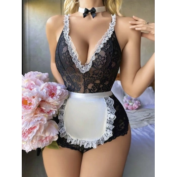 MARSiLYAN-  Siyah Dantel İşlemeli Kurdelalı Fransız Hizmetçi Kostümü