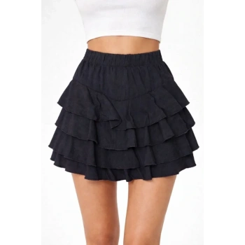 MARSiLYAN- Siyah Katlı Mini Fırfıtlı Etek Lastikli Yüksel Bel, Volanlı Tasarım, Rahat Kalıp, Günlük Ve Şık Kombinelere Uygun Yazlık Etek - Siyah