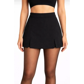 MARSiLYAN- Siyah Krep Kumaş Şortlu Etek Mini Boy Yırtmaç Detaylı Yüksek Bel Günlük Şık Tasarım - Siyah