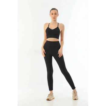 MARSiLYAN-  Siyah MI Emay 3921 Soft Seamless Ripli Tayt Yoga Takımı