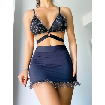 MARSiLYAN-  Siyah Mini Tül Detaylı Fantezi Elbise