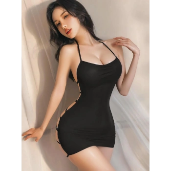 MARSiLYAN-  Siyah Transparan Sırt İp Detaylı Fantezi Gecelik