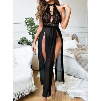 MARSiLYAN- Siyah Uzun Derin Dekolteli Dantel Fantezi Gecelik