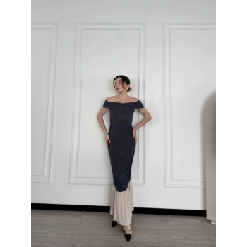 MARSiLYAN- Striptiz Omuzlu Uzun Elbise- Füme