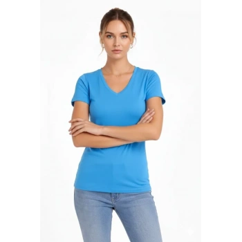 MARSiLYAN- T-Shirt V Yaka Slim Fit Likralı Tişört Günlük Basic Body - Açık Mavi