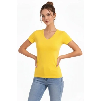MARSiLYAN- T-Shirt V Yaka Slim Fit Likralı Tişört Günlük Basic Body - Sarı