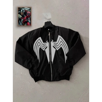 MARSiLYAN- Tam Fermuarlı Uzun Kol Baskılı Bomber Ceket - Siyah