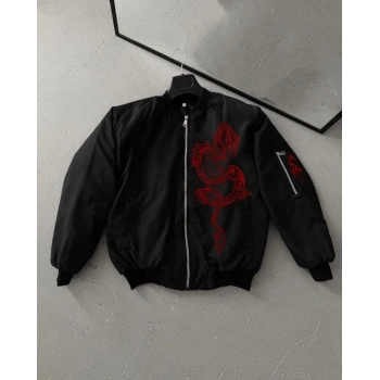 MARSiLYAN- Tam Fermuarlı Uzun Kol Baskılı Bomber Ceket - Siyah