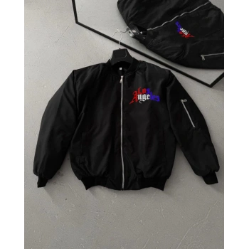 MARSiLYAN- Tam Fermuarlı Uzun Kol Baskılı Bomber Ceket - Siyah