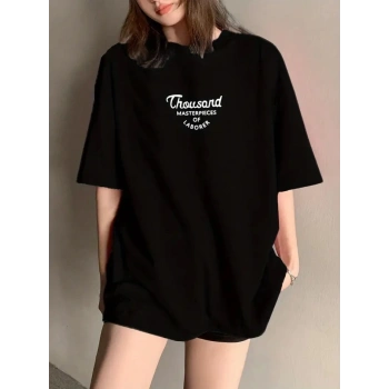 MARSiLYAN- Thousand Baskılı Oversize Bisiklet Yaka T-shirt - Siyah