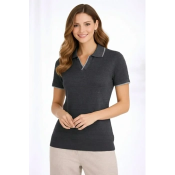 MARSiLYAN- Triko Kumaş Yakalı Düğmesiz Açık Yaka Fitilli Kısa Kollu Regular Fit Tişört T-shirt - Siyah