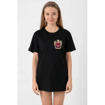 MARSiLYAN- Türk Arma Baskılı Oversize Bisiklet Yaka Günlük T-shirt - Siyah