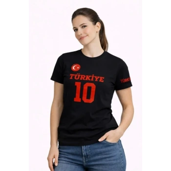 MARSiLYAN- TÜRKİYE Ay Yıldız Baskılı 10 Numara Forma Tişört Taraftar T-Shirt - Siyah