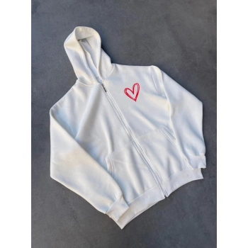 MARSiLYAN- Üç İplik Baskılı Fermuarlı Kapşonlu Hırka - Beyaz