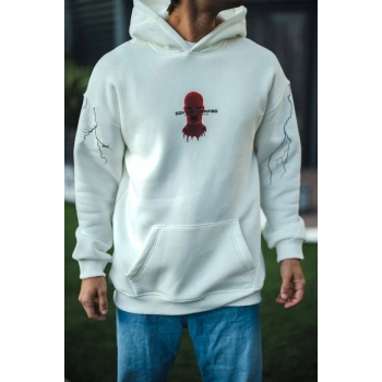 MARSiLYAN- Üç İplik Kapşonlu Baskılı Oversize SweatShirt- Beyaz