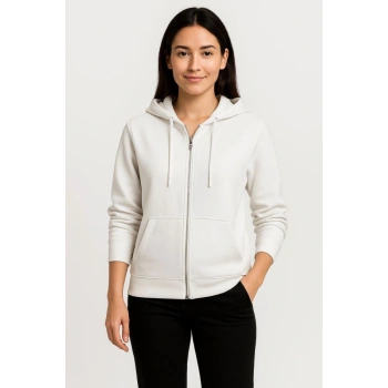MARSiLYAN- Üç İplik Kapüşonlu Tam Fermuarlı Kanguru Çepli SweatShirt Hoodie - Beyaz