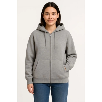 MARSiLYAN- Üç İplik Kapüşonlu Tam Fermuarlı Kanguru Çepli SweatShirt Hoodie - Gri