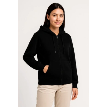 MARSiLYAN- Üç İplik Kapüşonlu Tam Fermuarlı Kanguru Çepli SweatShirt Hoodie - Siyah