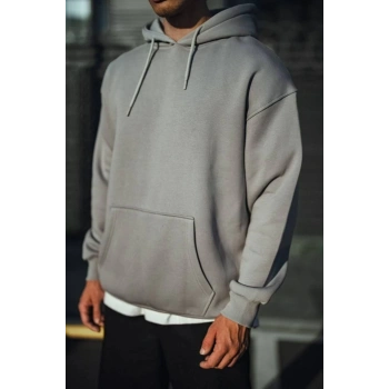 MARSiLYAN- Üç İplik Penye Kapşonlu Basic SweatShirt - Boyalı Gri