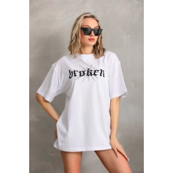 MARSiLYAN- Unisex Baskılı Oversize T-Shirt - Beyaz