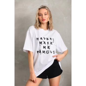 MARSiLYAN- Unisex Baskılı Oversize T-Shirt - Beyaz