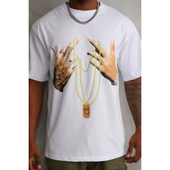 MARSiLYAN- Unisex Baskılı Oversize T-Shirt - Beyaz