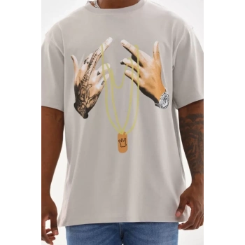 MARSiLYAN- Unisex Baskılı Oversize T-Shirt - Gri